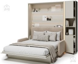 Bed Concept - Komplet postelja v omari BC-01, vzglavje BC-16, kavč BC-18, 3xLED, omare BC-08, vzmetnica - 140x200 cm - kašmir/bež
