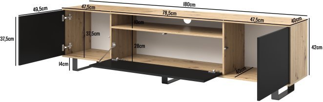 PKMebel - TV komoda Logan 180 cm kovinske noge - črna