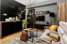 Dnevna soba in spalnica Forn - Temni delano hrast/mat črna