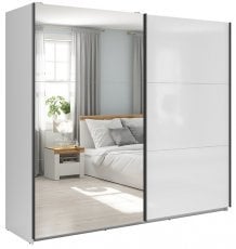 Garderobna omara z drsnimi vrati in ogledalom Tetrix 220 cm - Bela sijaj