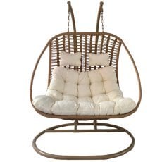 Viseči stol suri za dve osebi - naraven, kremna blazina, naraven okvir *9996