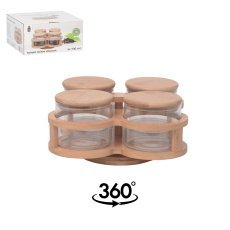 Komplet 4 steklenih kozarcev 700 ml z lesenimi pokrovi na leseni osnovi *0734