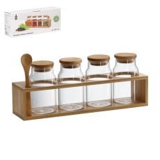 Komplet 4 steklenih kozarcev 350 ml z lesenimi pokrovi na leseni osnovi z žlico *0758