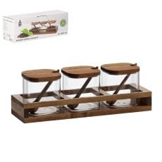 Komplet 3 steklenih kozarcev 400 ml z lesenimi pokrovi in žlicami na leseni osnovi *0772