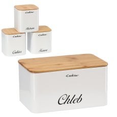 Posoda za kruh rafano - emajlirana z bambusovim pokrovom 42,5x23x16,5 cm bela z napisom + 3 posode 11,5x11,5x15 cm*7120