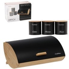 Škatla za kruh ortica - bambusova s kovinskim pokrovom 36,5x25x13 cm črna mat + 3 posode 11,5x11,5x12 cm *4935