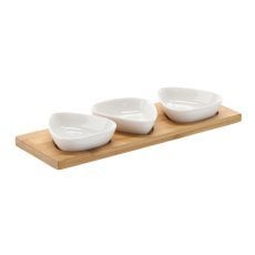 Komplet za serviranje prigrizkov - 3 trikotne porcelanaste skledice z bambusovo desko 28x10x3cm *7248