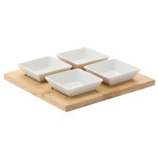 Komplet za serviranje predjedi - 4 kvadratne porcelanaste skledice z bambusovo desko 22x22x3,5cm *7279