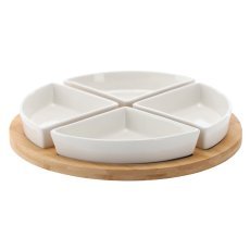Komplet za serviranje predjedi - 4 porcelanaste skledice z okroglo bambusovo pladnjo 30x4cm *7286