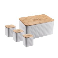Chlebak sabio - emaliowany z pokrywą bambusową 35 x 23 x 18,5 cm biały + 3 pojemniki 11,5 x 11,5 x 12 cm *8848