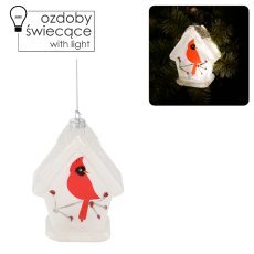 Stekleni božični okras 9 x 7 x 12 cm led - ptiček v krmilnici opak=6kos *2737