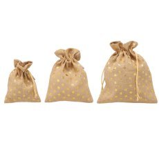 Komplet 3 jutinih vrečk 30x25 / 25x20 / 20x15 cm zlate pike pakiranje=5kom *3840