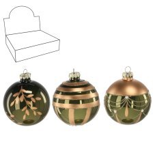 Steklena božična kroglica - olivno-zlata 8 cm mix vzorcev disp=12kos *4211