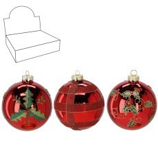 Steklena božična kroglica - rdeča z bodiko 10 cm mix vzorcev disp=6kos *4495