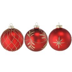 Steklena božična kroglica - rdeča mat 8 cm mix vzorcev disp=12kos *4785
