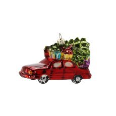 Steklena božična kroglica - rdeč avtomobil z božičnim drevesom 12,3 x 4,8 x 7 cm pak=6kos *4792