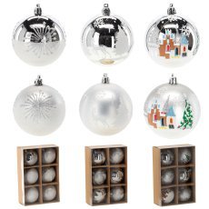 Kompl. 6 srebrnih božičnih krogel 8 cm mix vzorcev *5812