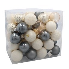 Kompl. 66 okraskov 6 cm šampanjski/sivi/beli *0035