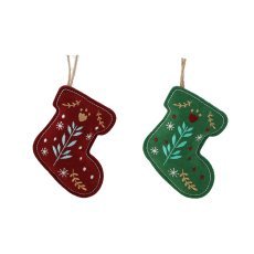 Okrasitev božična obesek čevelj 9 x 2 x 17 cm zelen/burgundsko pak=12kos *0646