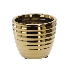 KERAMIČNI OKRASNI LONEC ZA CVETLIČNI LONČEK 17,5 x 17,5 x 14,5 CM ZLAT REBRAT *2442