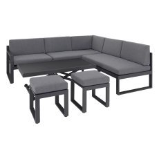 Komplet aluminijastega pohištva (kotna sedežna garnitura + 2 tabureja + miza z nastavljivo višino) siva + sivi blazini *8168