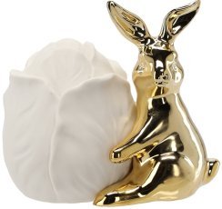 Velikonočna figurica – zlati keramični zajček s cvetom LED - GOT9910