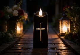 Sveča LED 5 x 13 cm črna z zlatim križem disp=12kos *5468