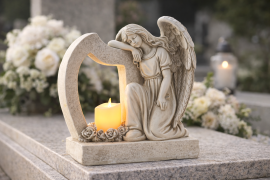 Figura Angel z harfo in LED svečko - DED1710