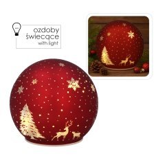 Steklena božična kroglica – rdeča z LED lučkami in motivom božičnega drevesa 12 × 11 cm pakiranje = 4 kos *1853