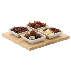Komplet za serviranje prigrizkov – 4 kvadratne porcelanaste skledice z bambusovo desko 22×22×3,5 cm *7279