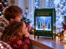 Chomik - Božični poštni nabiralnik 25 x 15 x 40 cm z LED-glasbenim mehanizmom – zelen – z medenjakom in božičnimi drevesci *3905