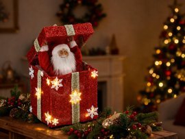 Božični okras Božiček v darilu 26 x 26 x 32/48 cm, LED, melodija, gibanje *7637
