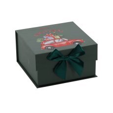 Praznična darilna škatla z avtomobilom in zeleno pentljo 20 x 20 x 11 cm *8559