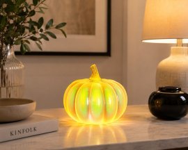 Steklena LED-dekoracija – opalno svetleča buča v barvi šampanjca, 14,8 x 13,3 cm *7943