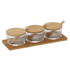 Komplet 3 steklenih kozarcev po 155 ml z lesenimi pokrovi in žličkami na lesenem podstavku, 28 x 10 x 7 cm *3561