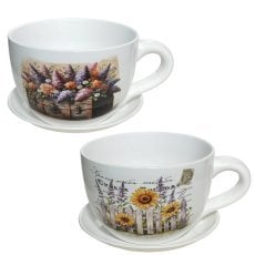 Keramični cvetlični lonec v obliki skodelice, 30 x 23 x 16 cm, bel, različni vzorci *1153