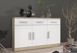 Široka komoda Paris - bela/hrast artisan WH 3F3S