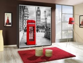 Garderobna omara z drsnimi vrati z grafiko London 3 Penelopa 155 cm - kostanj wenge