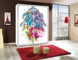 Garderobna omara z drsnimi vrati z grafiko Lovilec sanj 2 Penelopa 155 cm - bela