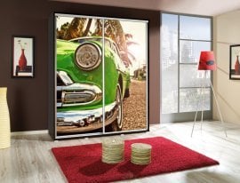 Garderobna omara z drsnimi vrati z grafiko Avto 5 Penelopa 155 cm - kostanj wenge