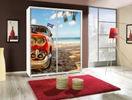 Garderobna omara z drsnimi vrati z grafiko Avto 4 Penelopa 155 cm - bela