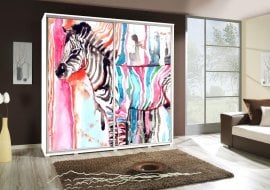 Garderobna omara z drsnimi vrati z grafiko Zebra Penelopa 205 cm - bela