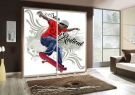 Garderobna omara z drsnimi vrati z grafiko Skate 2 Penelopa 205 cm - hrast riviera