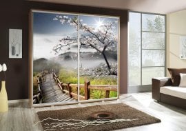 Garderobna omara z drsnimi vrati z grafiko Stopnice Penelopa 205 cm - hrast riviera