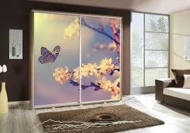 Garderobna omara z drsnimi vrati z grafiko Metulj 2 Penelopa 205 cm - hrast riviera