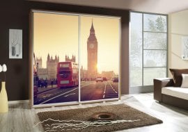 Garderobna omara z drsnimi vrati z grafiko London 1 Penelopa 205 cm - hrast riviera