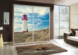 Garderobna omara z drsnimi vrati z grafiko Svetilnik Penelopa 205 cm - hrast riviera