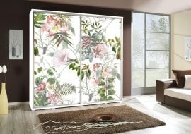 Garderobna omara z drsnimi vrati z grafiko Cvetovi Penelopa 205 cm - bela