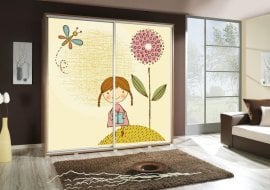 Garderobna omara z drsnimi vrati z grafiko Deklica Penelopa 205 cm - hrast riviera