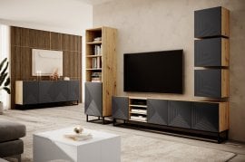 Dnevna soba in spalnica s kovinskim okvirjem Asha - river stone/hrast artisan